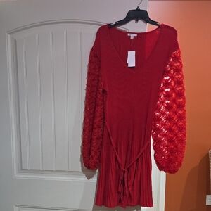 Elegant Red Dress with Lace Sleeves